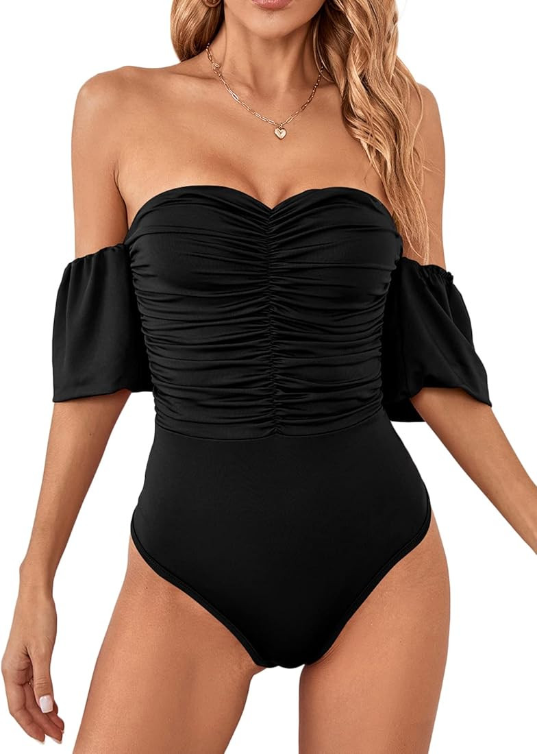 LYANER Women's Off Shoulder Smocked Ruched Puff Short Sleeve Bodysuit Leotard Top | Amazon (US)