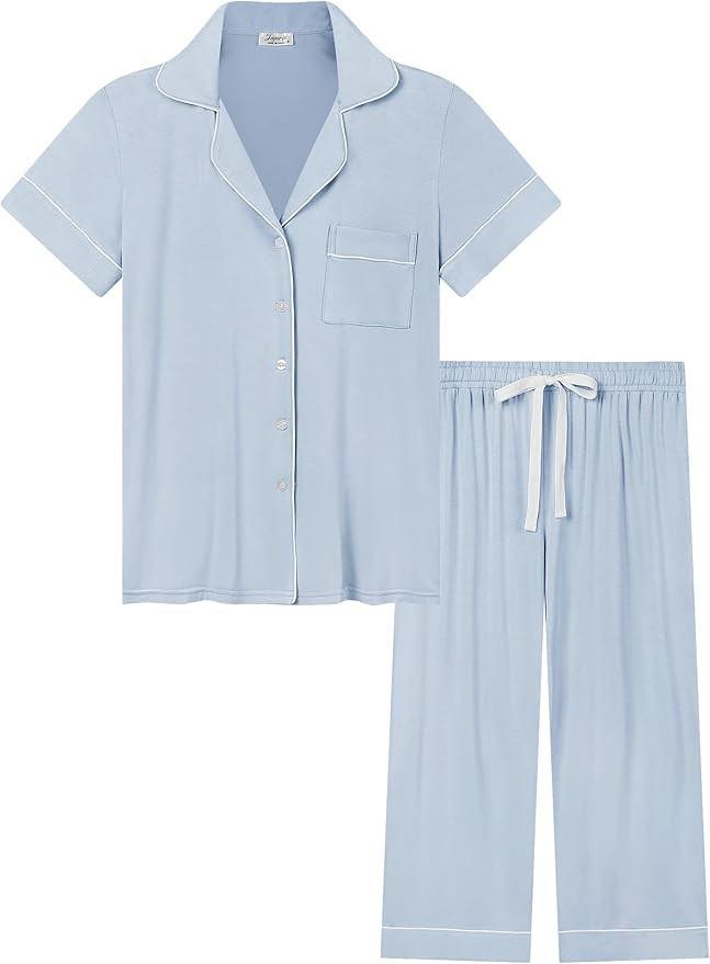 Joyaria Women Capri Pajamas Set Bamboo Viscose Pjs Short Sleeve Button Down Sleepwear | Amazon (US)
