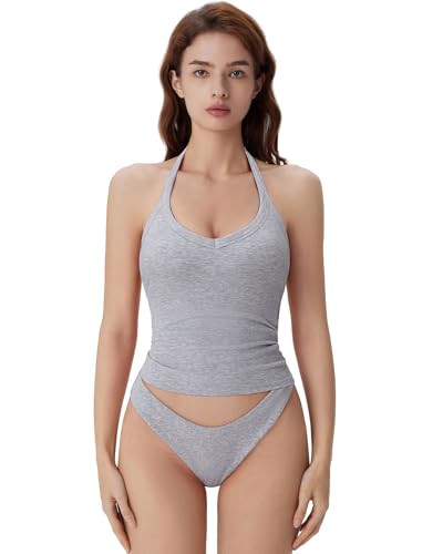SUUKSESS Halter Tank Top for Women with Built in Bra Cotton Ribbed V Neck Cami | Amazon (US)
