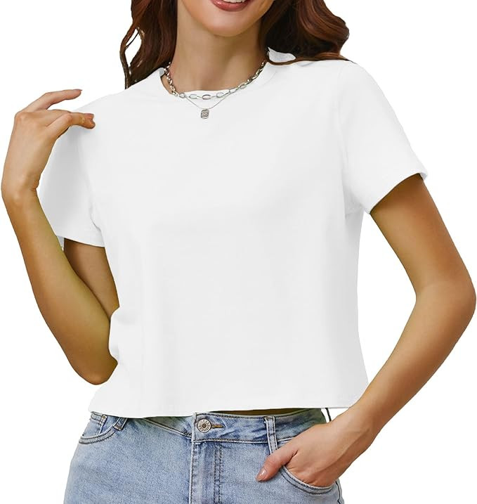 Cotton T Shirts for Women Loose Fit Casual Crewneck Basic Tee Tshirts Short Sleeve Crop Workout T... | Amazon (US)