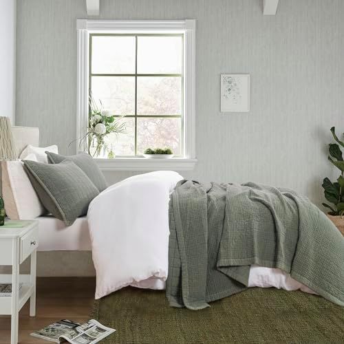 EVERGRACE Cotton Quilt Set King Size, Ultra Soft Stonewashed Oversized Bedspread Coverlet Set, Lightweight Crinkle Box Stitch Bedding Sets for All Season, with 2 Matching Shams, Misty Gray Green | Amazon (US)