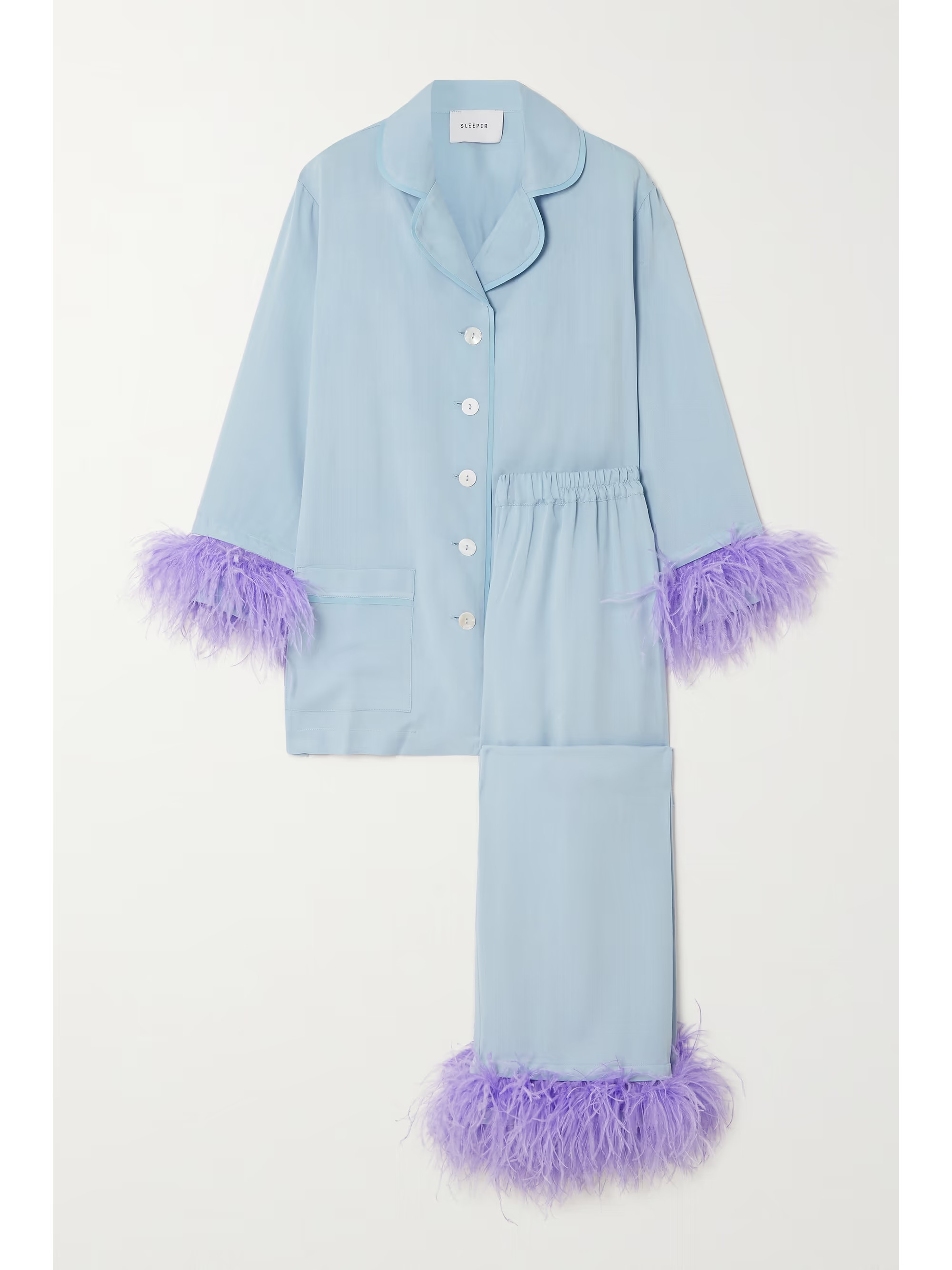 + NET SUSTAIN feather-trimmed crepe de chine pajama set | NET-A-PORTER (US)