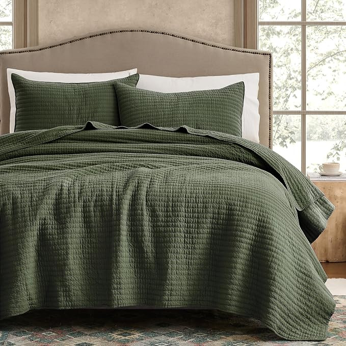 WDCOZY 100% Cotton Queen Size Quilt Set - Olive Green Striped Pick Stitch Soft Lightweight Bedspr... | Amazon (US)