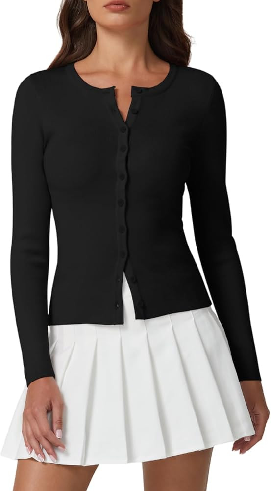 QINSEN Womens Long Sleeve Crewneck Cardigan Sweater Lightweight Button Down Knit Tops Outerwear | Amazon (US)