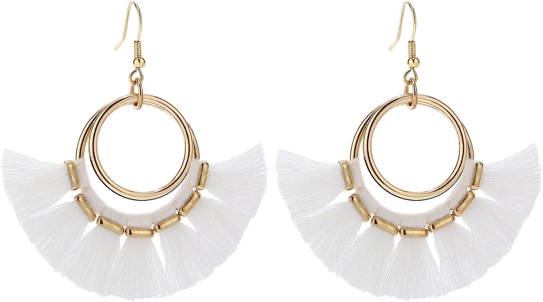 BaubleStar Tassel Hoop Earrings Fringe Drop Gold Tone Circle Tiered Earrings for Women Girls | Amazon (US)