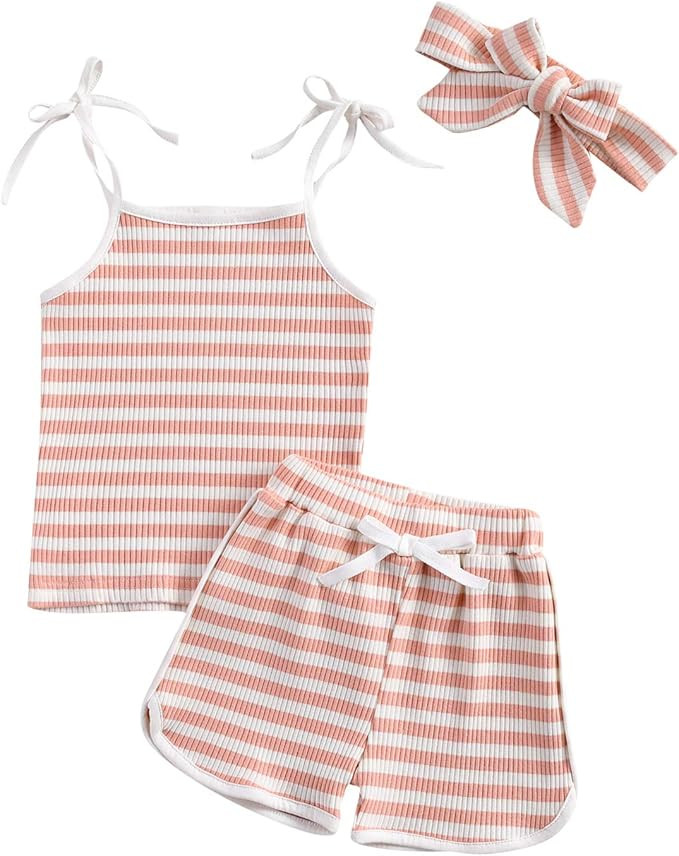 Toddler Baby Girl Summer Clothes Stripe Tank Top + Cotton Shorts Headband 3Pcs Knit Ribbed Outfit... | Amazon (US)