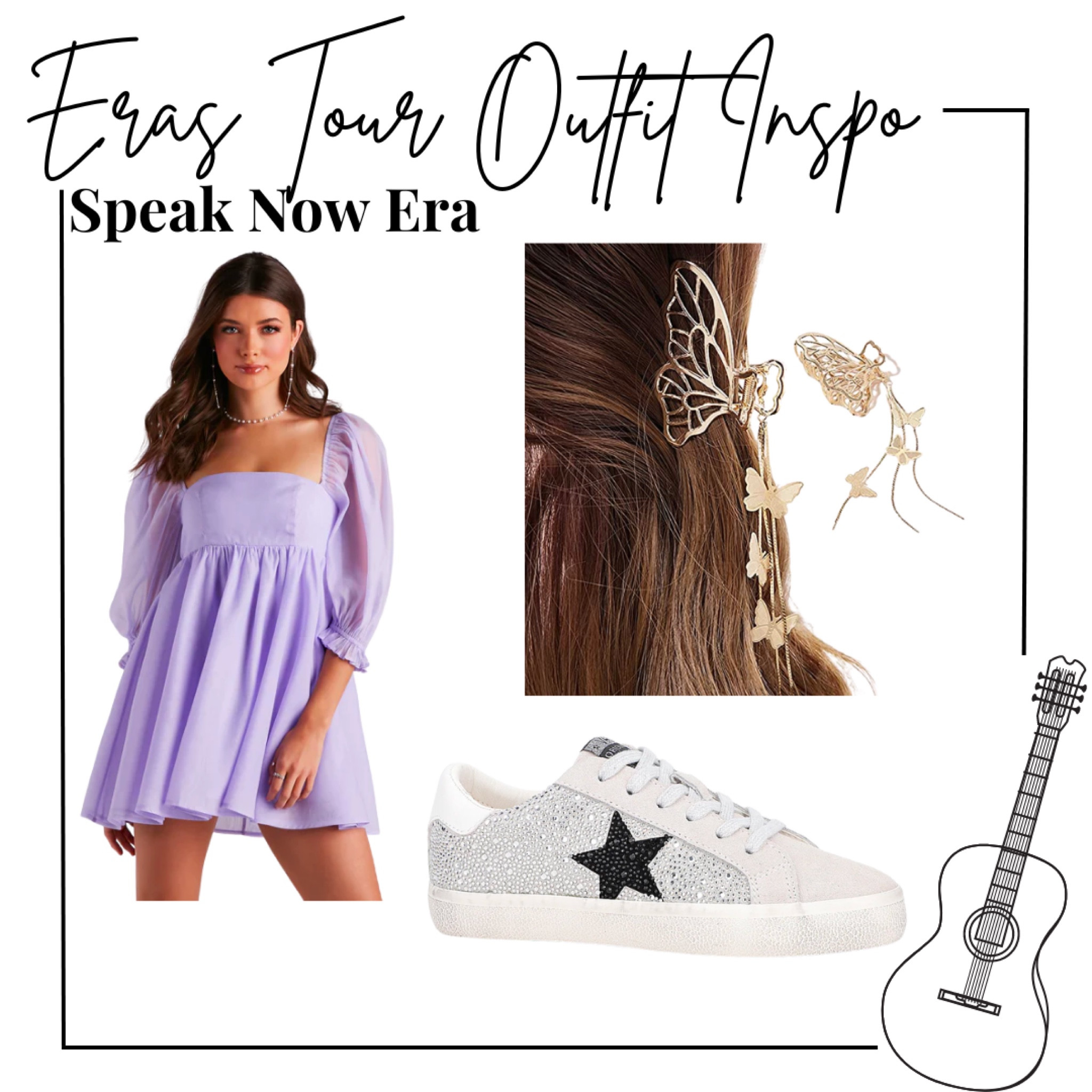 Taylor swift eras tour Outfit inspo - speak now era - purple babydoll dress with puff sleeve, golden goose inspired silver sequin sneakers, butterfly hair clip 

#LTKunder50 #LTKshoecrush #LTKFind