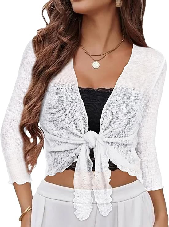 Women Crop Cardigan Sheer Mesh Bolero Shrug for Dress Tie Front 3/4 Sleeve Tops | Amazon (US)