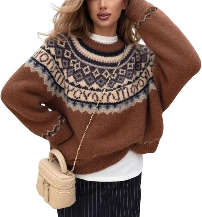 chouyatou Women's Warm Tribal Aztec Floral Sweater Top Crewneck Loose Fit Fair Isle Boho Knit Swe... | Amazon (US)