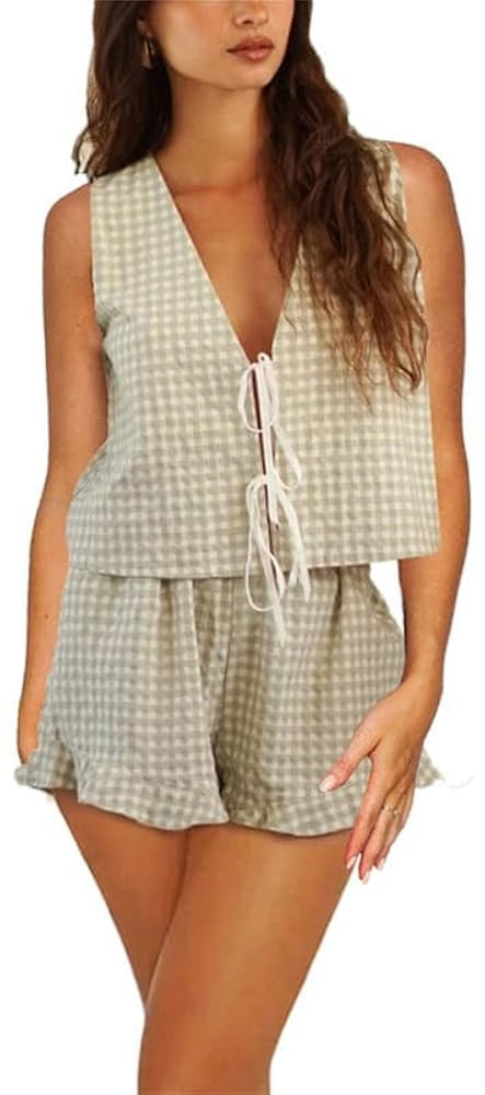 Thopavenoir Women Y2k 2 Piece Pajamas Outfits Sleeveless Bow Tie Front Tank Tops Vest +Stripe Pep... | Amazon (US)