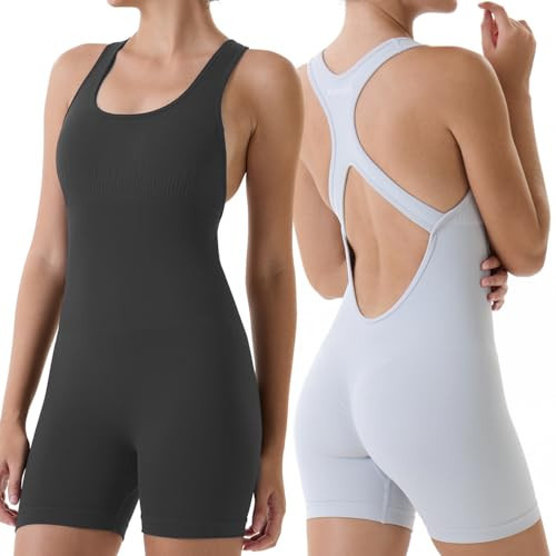 AUROLA 2 Pieces Power Romper Workout Sets for Women Seamless One Piece Padded Jumpsuit,Set (Dark Grey+Smokey Grey),L | Amazon (US)