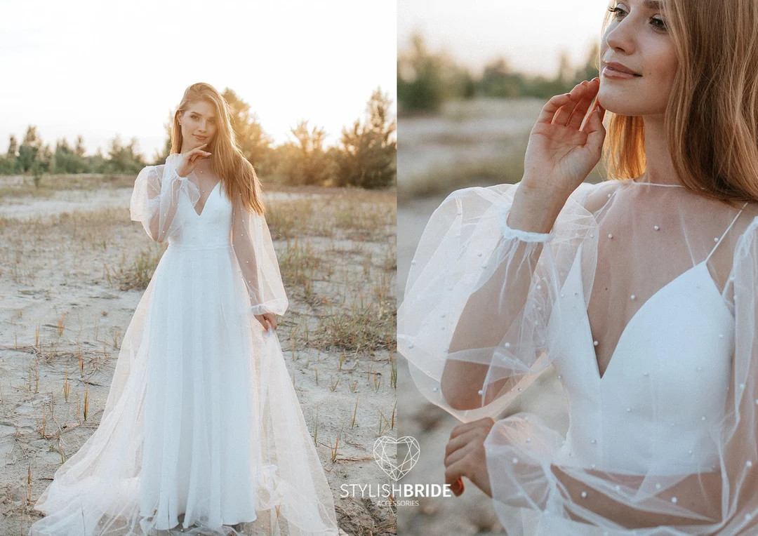 Pearled bridal dress, 2 pieces dress, pearl tulle wedding dress with silk satin slip dress, pearl... | Etsy (US)