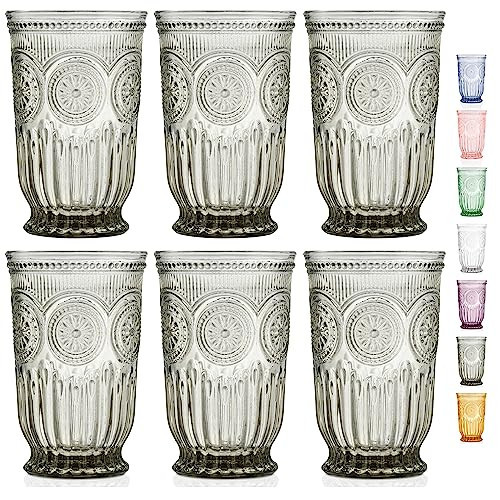 Yungala Black Glassware set of 6 smoke drinking glasses, textured colored vintage glass highball glasses, hobnail inspired dishwasher friendly smoke water glasses or cocktail drinkware | Amazon (US)