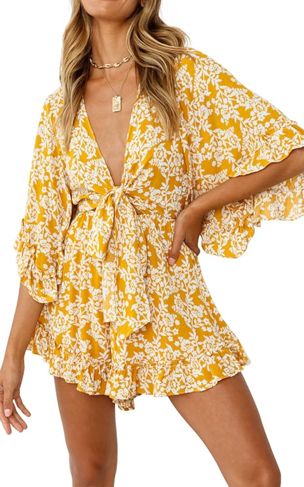 PRETTYGARDEN Women’s Leopard Print Shorts Jumpsuit Wrap V Neck 3/4 Sleeve Casual Loose Oversize... | Amazon (US)