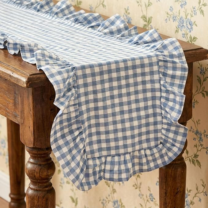1 Pcs Blue Plaid Gingham Ruffle Table Runner 118 x 13.8'' Farmhouse Table Runner 100% Cotton Scal... | Amazon (US)
