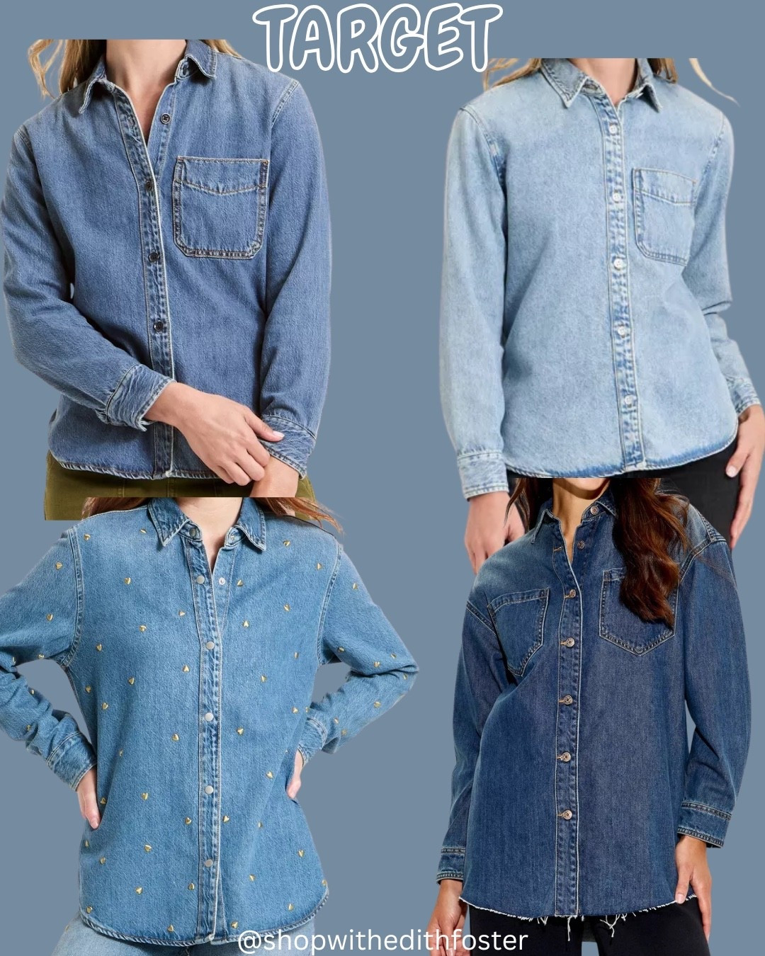 The denim shirt you’ll reach for all year long 🤍
These Target finds are true closet staples—easy to throw on, easy to style, and perfect for those “I have nothing to wear” days. Wear them buttoned up, layered, or tied over a tee… you really can’t go wrong with a good denim shirt.


#LTKFinds
#LTKStyle
#TargetFinds
#TargetStyle
#DenimStaples
#ClosetEssentials
#EverydayOutfits
#EasyStyle
#NeutralStyle
#CapsuleWardrobe
#winterdenim 
#datenightoutfit
#valentinesdayoutfit

#LTKmomlife #LTKootd #LTKgrwm