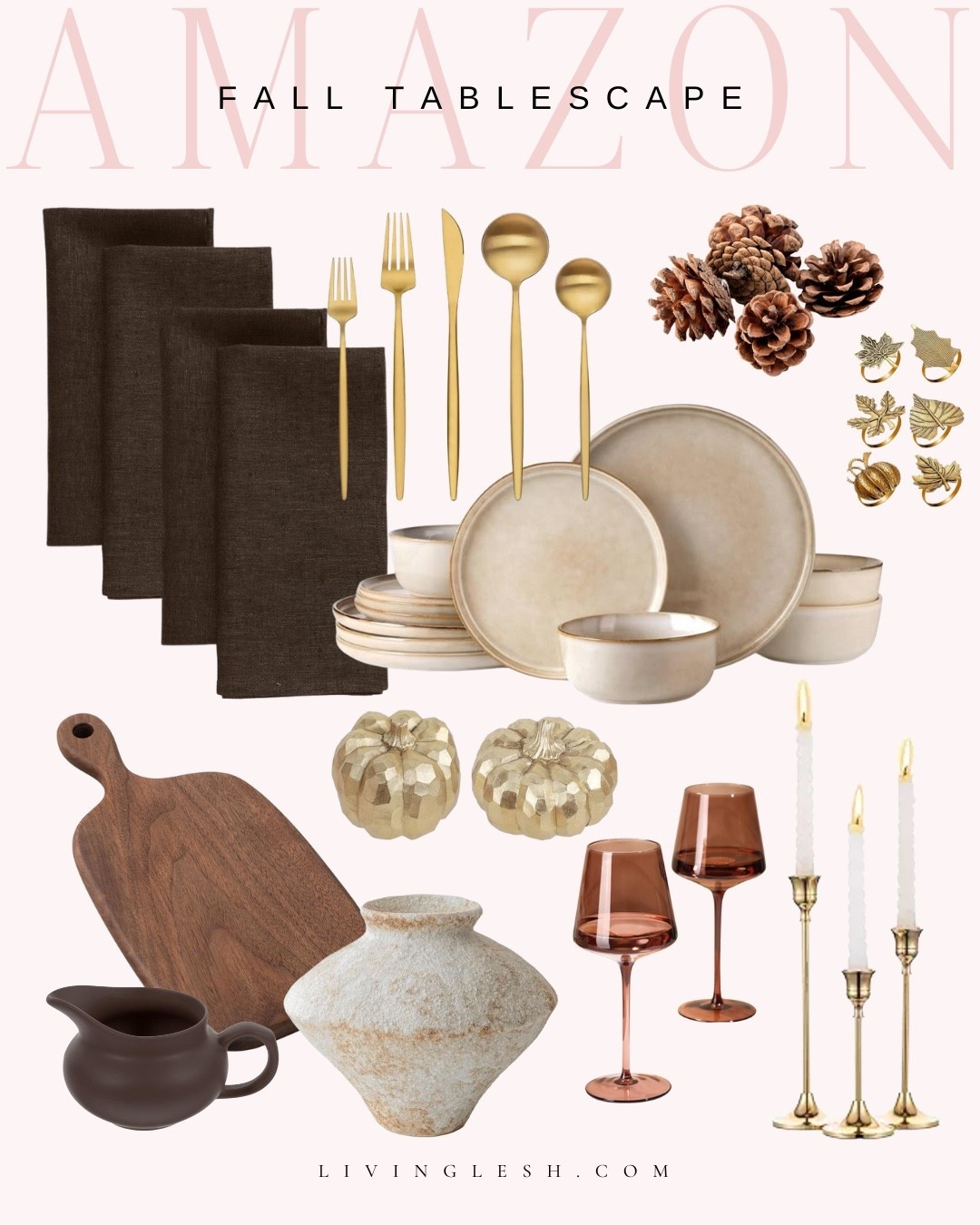 Amazon finds | Amazon home decor | Fall home decor | Fall tablescape | Holiday tablescape | Thanksgiving tablescape | Thanksgiving decor | Fall decor | Wine glasses | Candlesticks | Napkin holders | Gold silverware | Dinnerware

#LTKFindsUnder100 #LTKSeasonal #LTKHome
