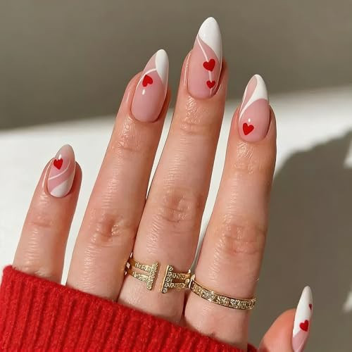 geyakal Valentines Day Press on Nails - Red Love Heart Fake Nails - Almond False Nails Press ons - French Tip Acrylic Glue on Nail - Artificial Stick on Nail for Women Manicure 24 Pcs | Amazon (US)