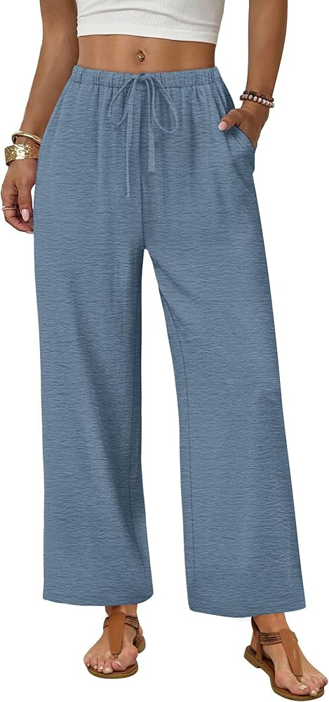 Sampeel Wide Leg Pants Women Casual Palazzo Drawstring Elastic Waist Trousers with Pockets Summer... | Amazon (US)