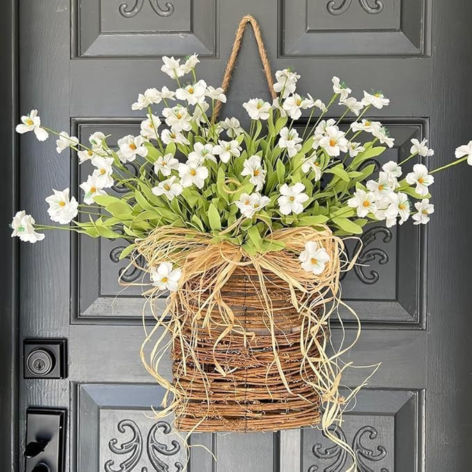 Cream Hydrangea Basket Wreath - Spring Front Door Decor with Rattan Basket & Burlap Bow, Farmhous... | Amazon (US)