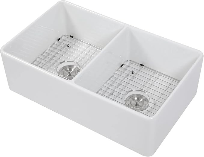 33 White Double Farmhouse Sink - Sarlai 33 Inch Farm Kitchen Sink Double Bowl 50/50 Ceramic Porce... | Amazon (US)