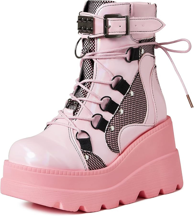 mikarka Holographic Platform Boots for Women, Lace Up Ankle Studded Buckle Goth Stacked Wedge Com... | Amazon (US)