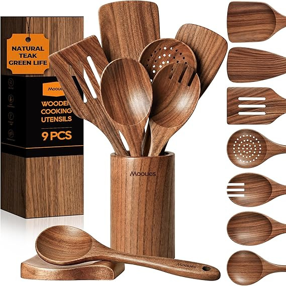 Mooues 9 Piece Natural Teak Wooden Kitchen Utensil Set with Spoon Rest - Comfort Grip Cooking Spo... | Amazon (US)
