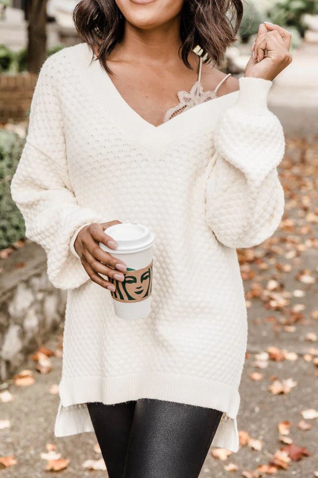 Keep On Smiling V-Neck Ivory Sweater | The Pink Lily Boutique