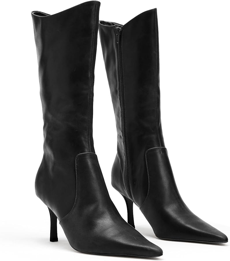 Coutgo Womens Pointed Toe Mid Calf Boots High Heel Long Boots Side Zipper Fall Winter Dress Shoes | Amazon (US)