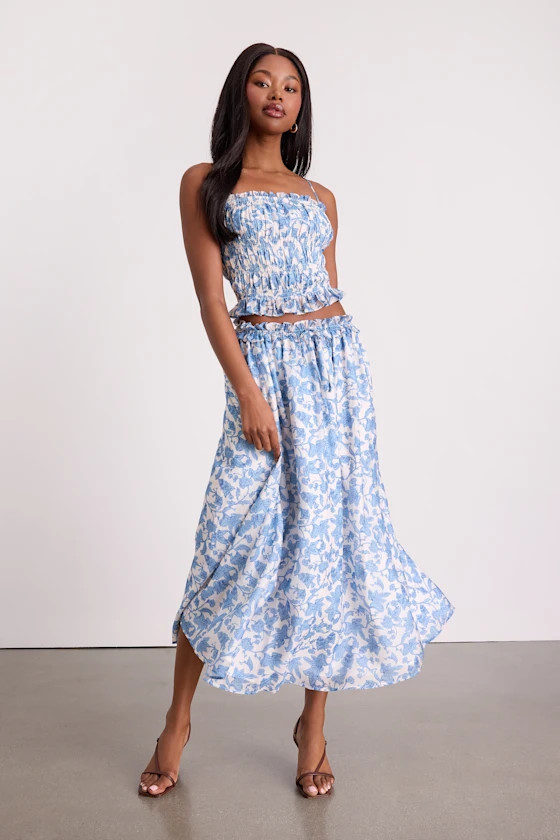 Denarius White and Blue Leaf Print Two-Piece Midi Dress | Lulus