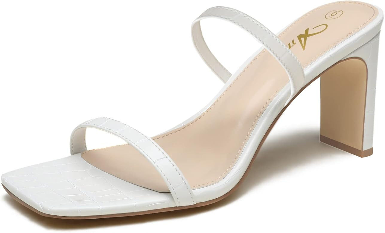 Athlefit Women's Square Open Toe Heeled Sandals Two Strap Slip On Backless Chunky Heels | Amazon (US)