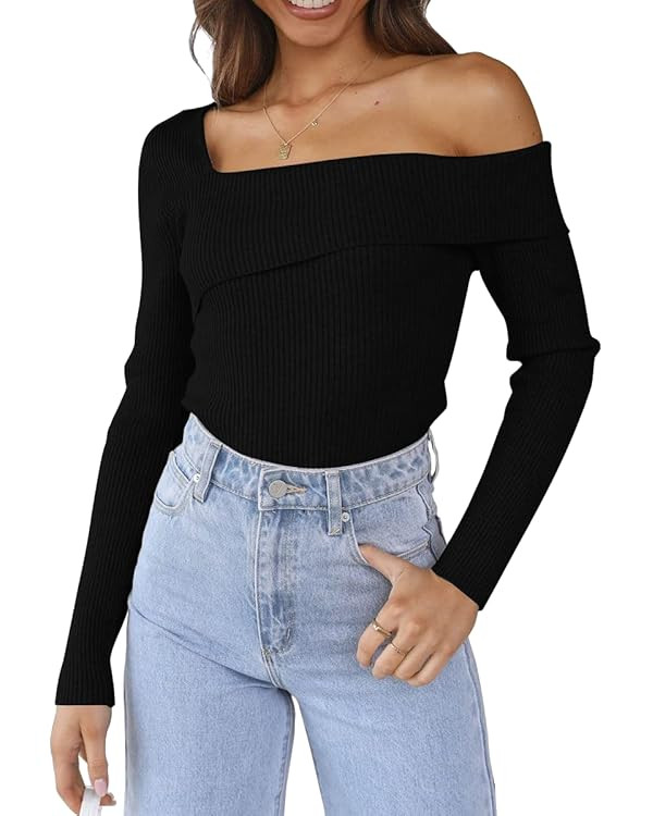LILLUSORY Women's Off Shoulder Sweaters 2023 Fall Long Sleeve Knitted Lightweight Going Out Pullo... | Amazon (US)