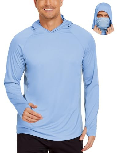 Men's Long Sleeve Fishing Shirts UPF 50+ Sun Protection Hoodie with Mask Quick Dry Hiking Neck Gaiter Hoodie UV Rashguards Sky Blue | Amazon (US)