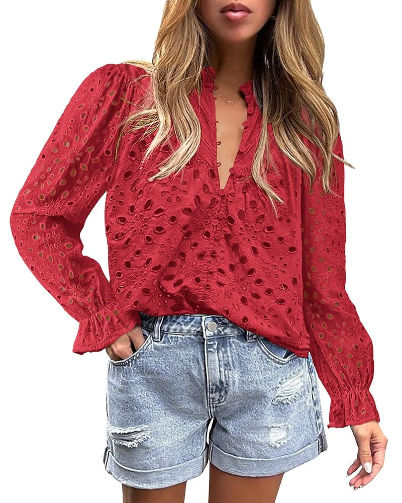 PRETTYGARDEN Women's Dressy Casual Blouse Tops Fall Spring Puff Long Sleeve Button V Neck Hollow ... | Amazon (US)