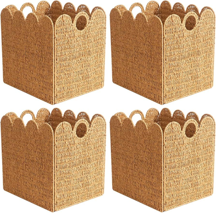 Scalloped Wicker Storage Cubes Basket, 12”x12“ Heavy Duty Paper rope/Hyacinth/Seagrass Basket... | Amazon (US)
