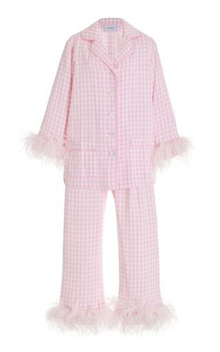 Party Feather-Trimmed Gingham Pajama Set | Moda Operandi (Global)