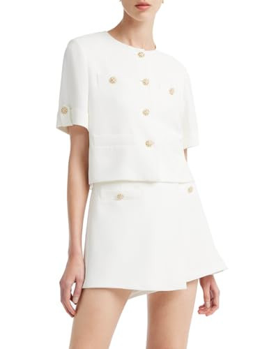 GOELIA 2025 Blazer Shorts Set for Women Dressy White Summer Sets Womens Sets 2 Piece Outfits Acetate Short Sleeve Blazer Jacket and Shorts Business Suit for Work Casual Easter Day | Amazon (US)