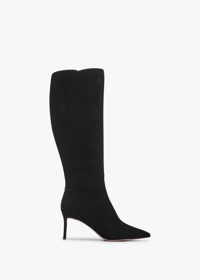 Sylvia Black Suede Heeled Knee Boots | Daniel Footwear (UK)