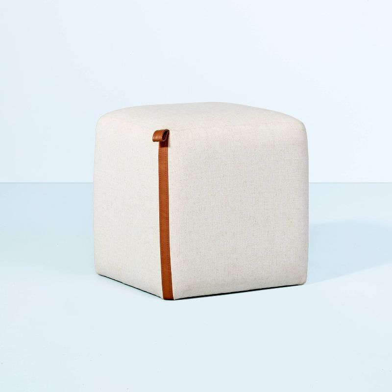 Square Fabric Ottoman with Faux Leather Trim - Heathered Cream - Hearth & Hand™ with Magnolia | Target