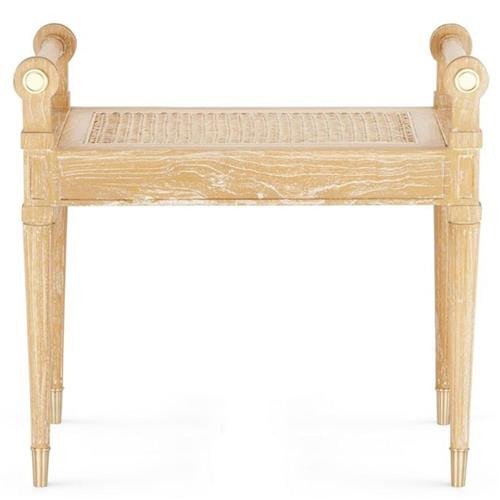 Villa & House Paris French Natural Oak Wood Woven Cane Brass Accent Bench - Small | Kathy Kuo Home