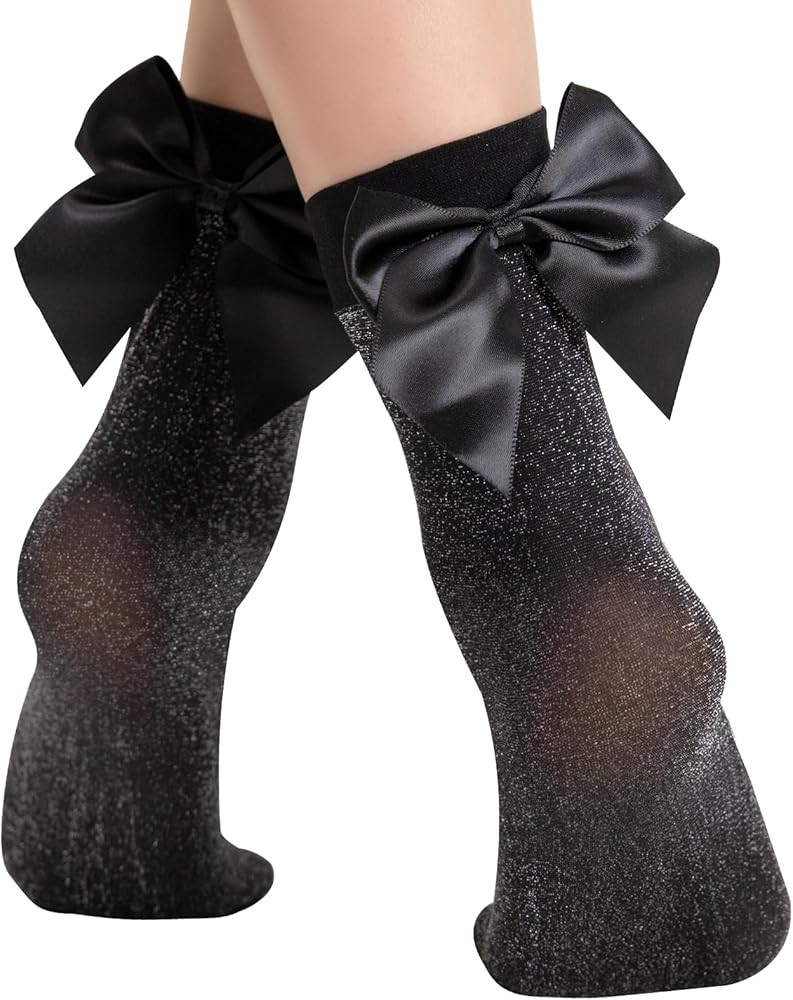 MANZI 3 Pairs Women's Glitter Bow Ankle Socks Sparkly Cozy Sheer Black Crew Socks with Cute Satin... | Amazon (US)