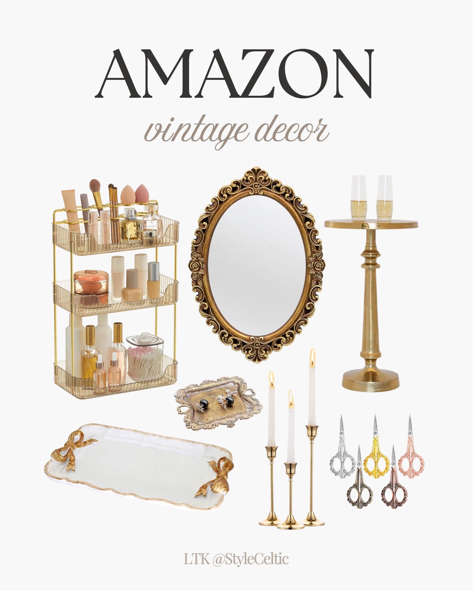 Amazon Vintage Home Decor and Accents ✨ 
.
.
Amazon favorites, gold vintage, makeup organized, vintage mirror, vintage decor, vintage home, gold decor, vintage scissors, vintage side table, bridgerton inspired, vintage trays, vintage wedding, candle sticks, gold bows tray, feminine accessories, makeup organizers, side tables, wedding accents, wedding gifts, home gifts, gift guide, gold bathroom, bathroom decor, bathroom drawer organization 

#LTKHome #LTKBeauty #LTKWedding