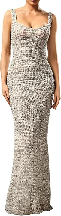 Beige Luxury Sleeveless Slim Waist Prom Evening Gala Dress Stunning Maxi Mermaid Sparkly Sequin D... | Amazon (US)
