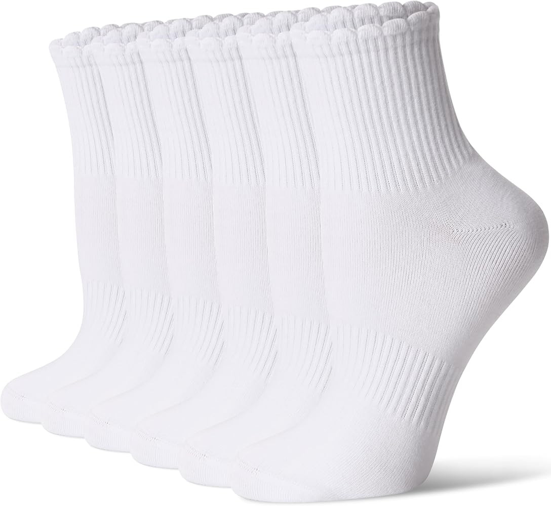 CS CELERSPORT Mini Crew Ankle Socks for Women With Scalloped Top Design Casual Cotton Socks 6 Pai... | Amazon (US)