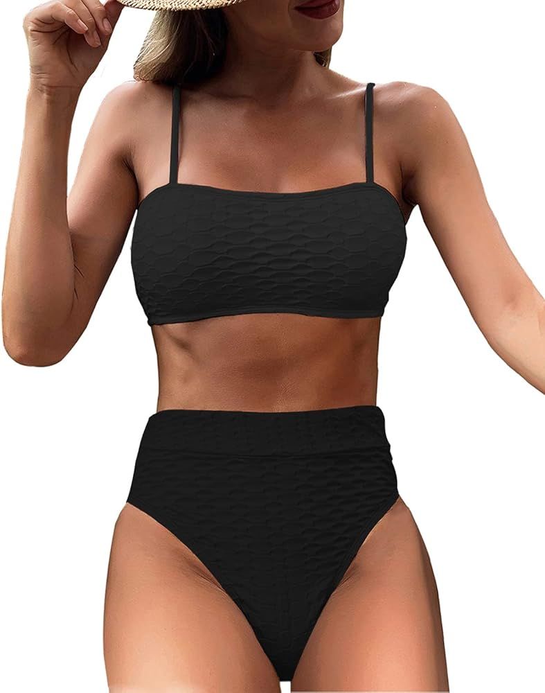SherryDC Women's Spaghetti Strap Bandeau Padded High Waisted High Cut Bikini Swimsuit | Amazon (US)