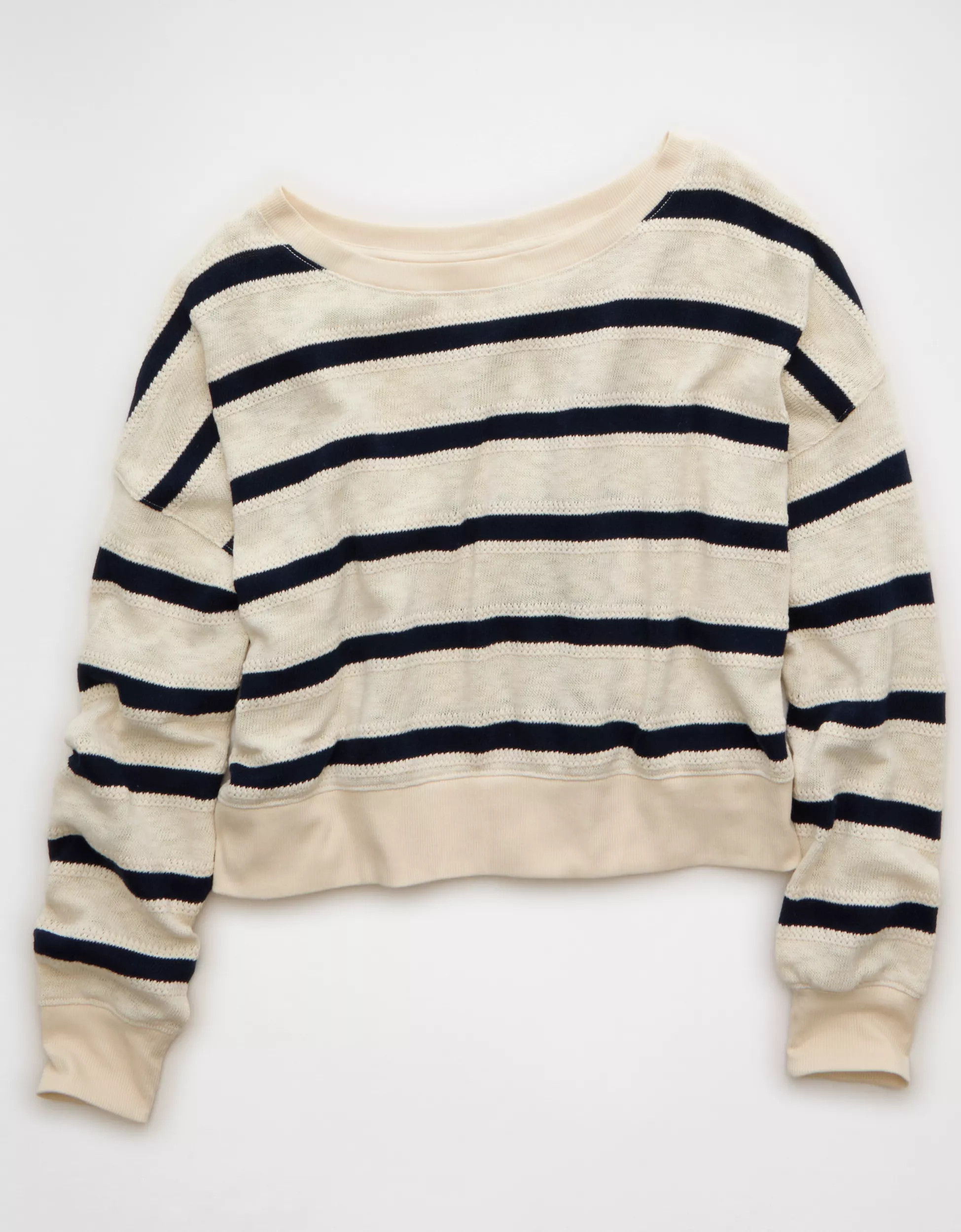 AE Striped Off-the-Shoulder Sweatshirt | American Eagle Outfitters (US & CA)