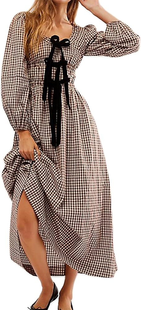 Women's 2024 Summer Boho Square Neck Front Bow Midi Dress Puff Long Sleeve Plaid Ruffle Backlass ... | Amazon (US)