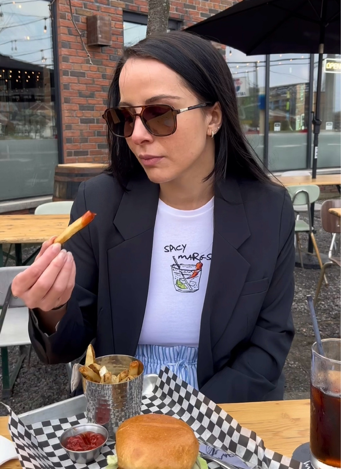 Casual patio look 😎

baby tee, aviator sunglasses, stripped blue and white pants, Y2K tee

#LTKfindsunder100 #LTKstyletip #LTKfindsunder50