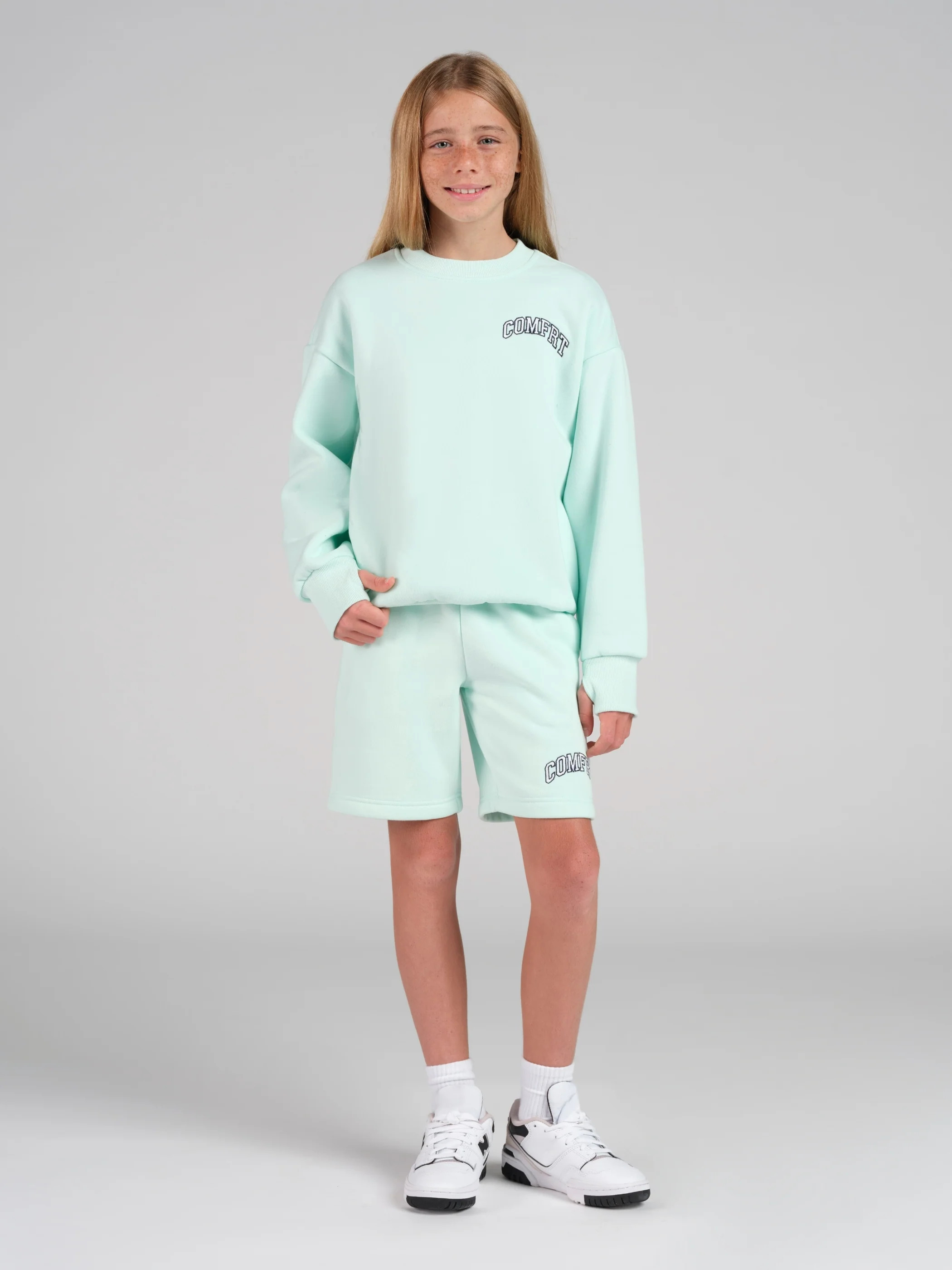 Comfrt Varsity Kids Logo Shorts | Aqua Mist | XS | Comfrt