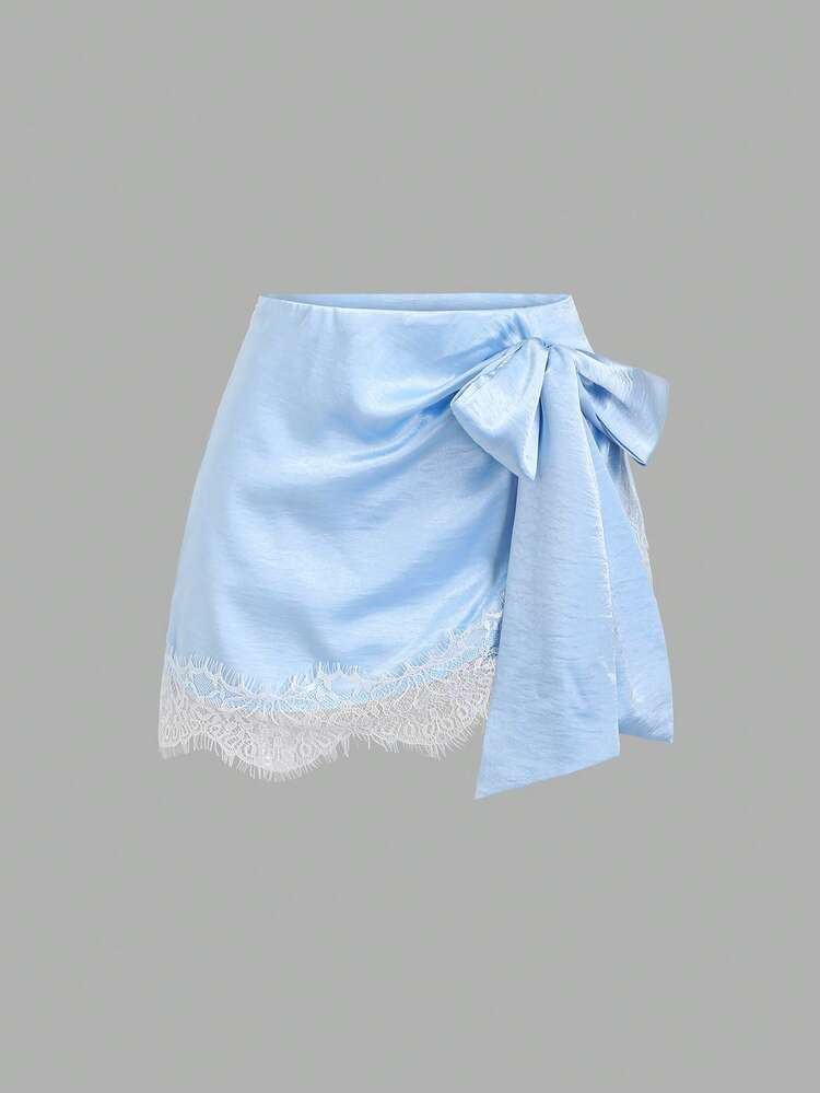 Sweetra Women's Blue Satin Lace Low-Waist Mini Skirt, Suitable For Summer , Beach, Romantic Daily... | SHEIN